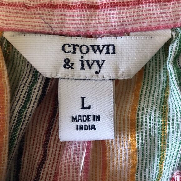 Crown & Ivy Women’s Colorful Striped Short Sleeve High Ruffled Neck Large NWT - Picture 3 of 11